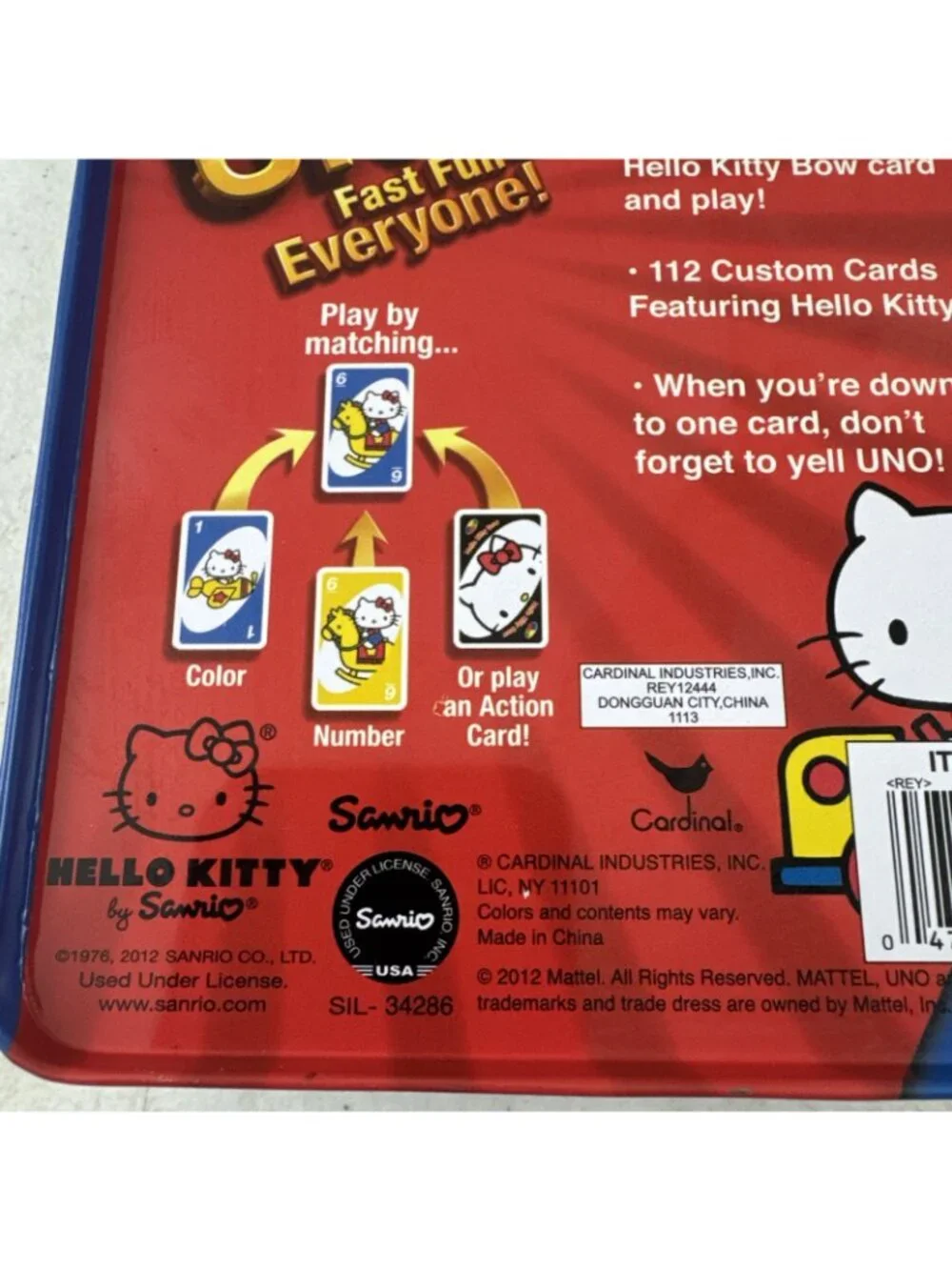Sanrio Hello Kitty UNO Card Game In Tin Box Mattel 2012 RARE COMPLETE